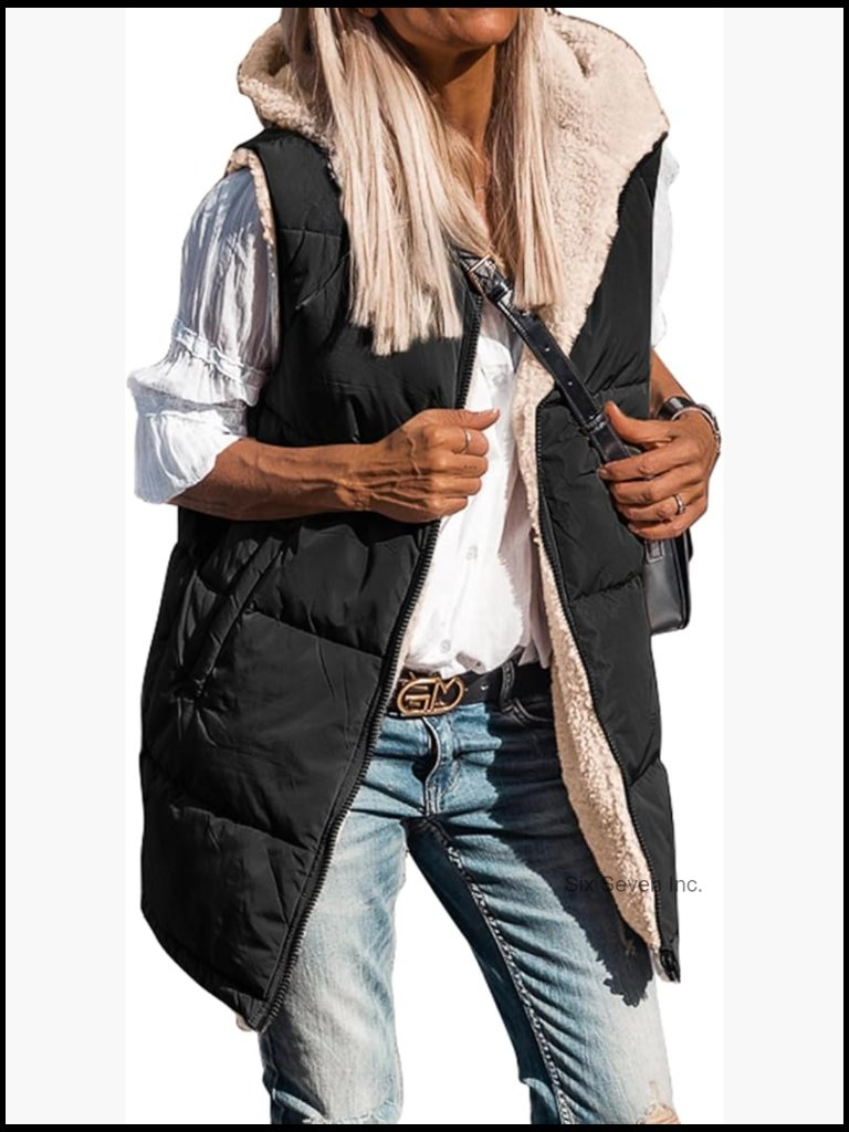 Long Puffer Vest Women Fleece Sherpa Jacket Sleeveless Hooded Reversible Zip Up